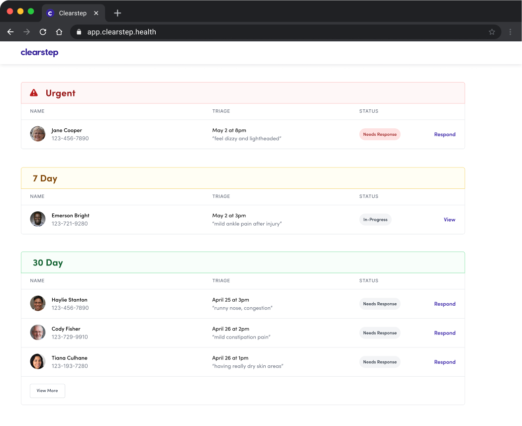 Clearstep digital triage software clinical view